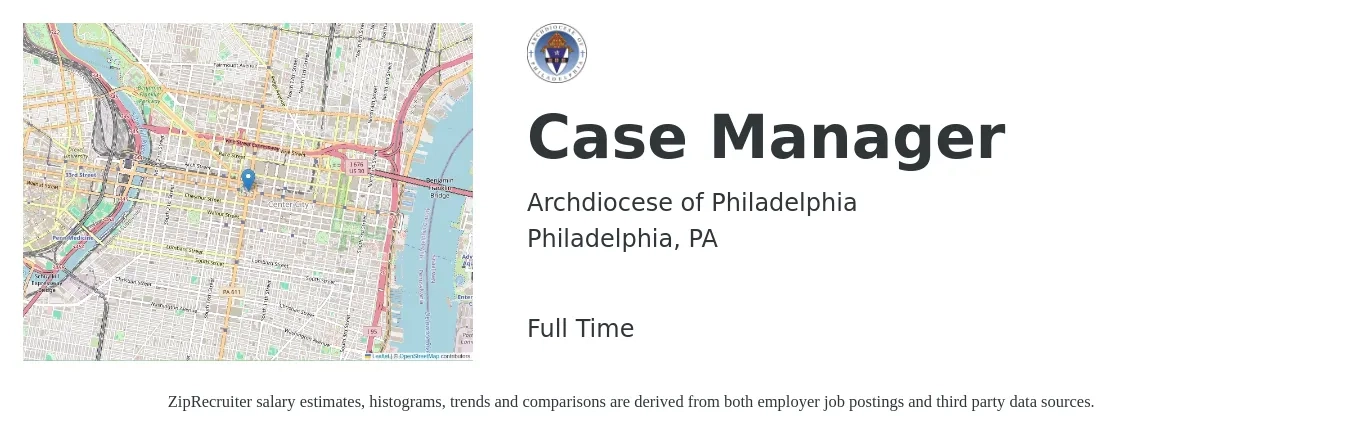 Archdiocese of Philadelphia job posting for a Case Manager in Philadelphia, PA with a salary of $19 to $25 Hourly with a map of Philadelphia location.