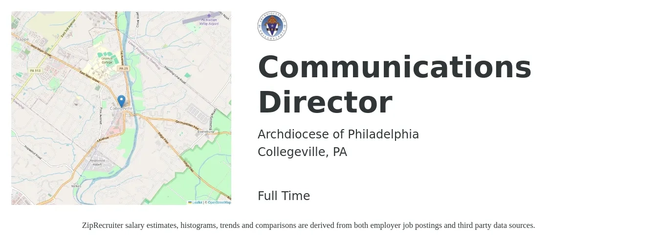 Archdiocese of Philadelphia job posting for a Communications Director in Collegeville, PA with a salary of $73,300 to $124,800 Yearly with a map of Collegeville location.