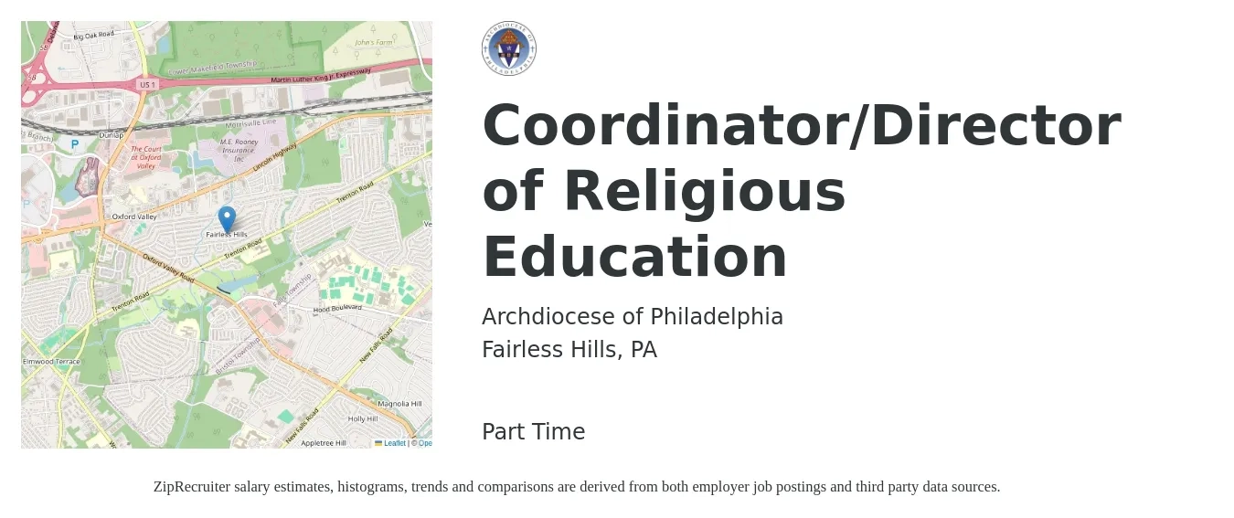 Archdiocese of Philadelphia job posting for a Coordinator/Director of Religious Education in Fairless Hills, PA with a salary of $38,900 to $66,800 Yearly with a map of Fairless Hills location.