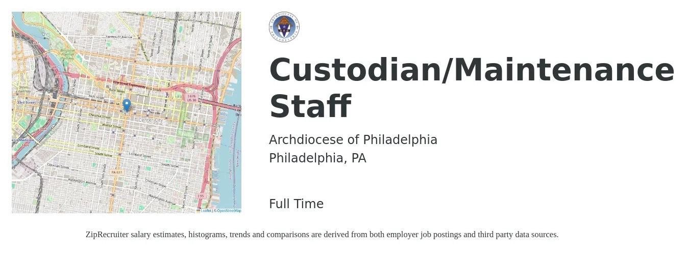 Archdiocese of Philadelphia job posting for a Custodian/Maintenance Staff in Philadelphia, PA with a salary of $16 to $20 Hourly with a map of Philadelphia location.
