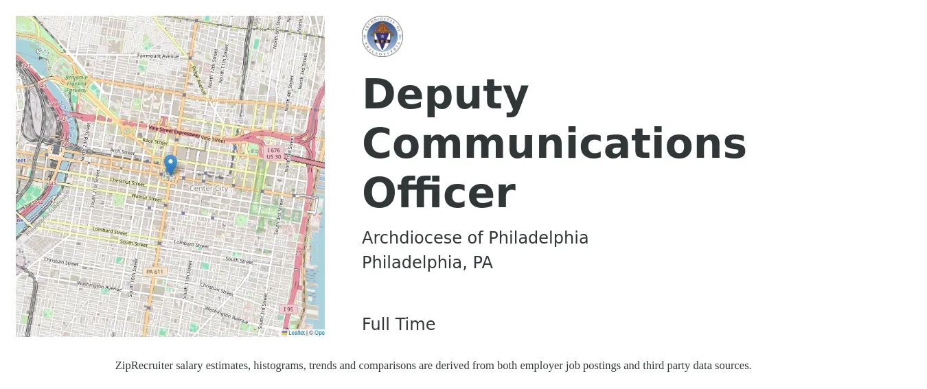 Archdiocese of Philadelphia job posting for a Deputy Communications Officer in Philadelphia, PA with a salary of $42,100 to $72,600 Yearly with a map of Philadelphia location.