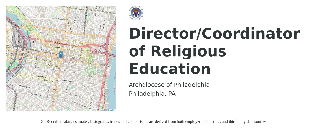 Archdiocese of Philadelphia job posting for a Director/Coordinator of Religious Education in Philadelphia, PA with a salary of $39,000 to $66,900 Yearly with a map of Philadelphia location.