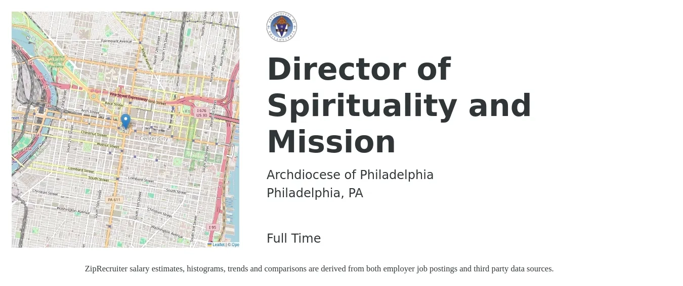 Archdiocese of Philadelphia job posting for a Director of Spirituality and Mission in Philadelphia, PA with a salary of $79,300 to $119,900 Yearly with a map of Philadelphia location.