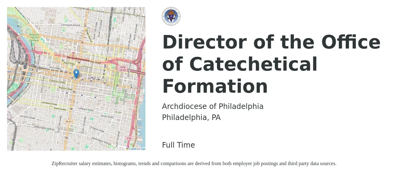 Archdiocese of Philadelphia job posting for a Director of the Office of Catechetical Formation in Philadelphia, PA with a salary of $105,100 to $158,200 Yearly with a map of Philadelphia location.