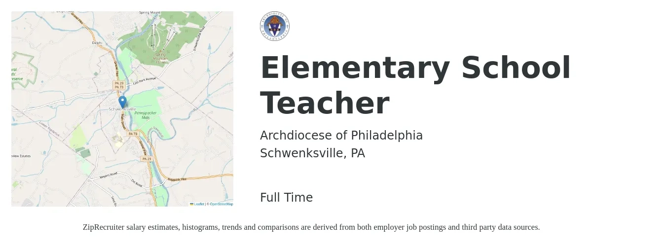 Archdiocese of Philadelphia job posting for a Elementary School Teacher in Schwenksville, PA with a salary of $43,800 to $59,000 Yearly with a map of Schwenksville location.