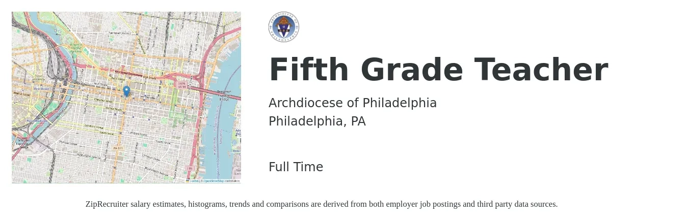 Archdiocese of Philadelphia job posting for a Fifth Grade Teacher in Philadelphia, PA with a salary of $46,700 to $60,200 Yearly with a map of Philadelphia location.