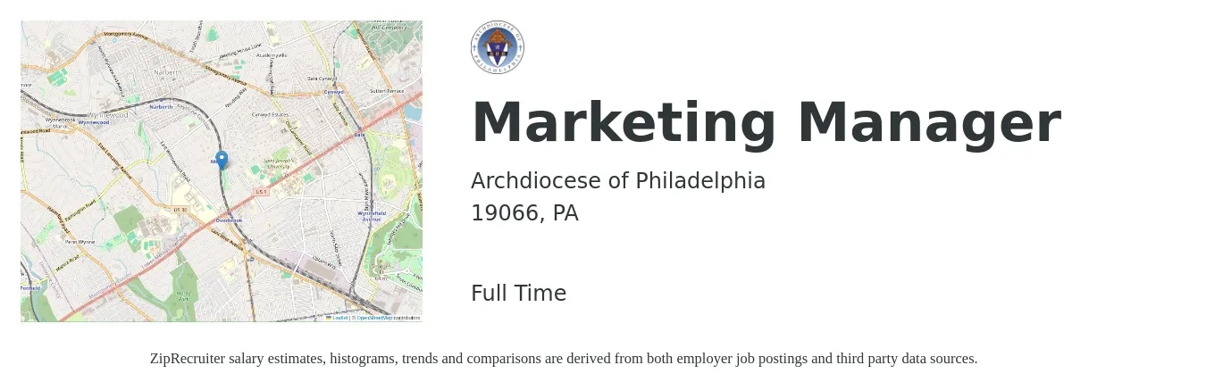Archdiocese of Philadelphia job posting for a Marketing Manager in 19066, PA with a salary of $57,200 to $93,500 Yearly with a map of 19066 location.