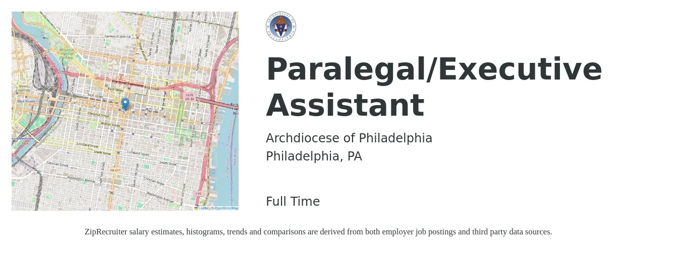 Archdiocese of Philadelphia job posting for a Paralegal/Executive Assistant in Philadelphia, PA with a salary of $20 to $29 Hourly with a map of Philadelphia location.
