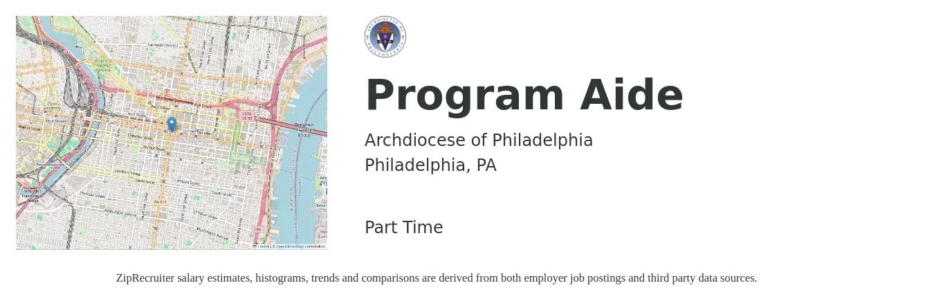 Archdiocese of Philadelphia job posting for a Program Aide in Philadelphia, PA with a salary of $15 to $23 Hourly with a map of Philadelphia location.