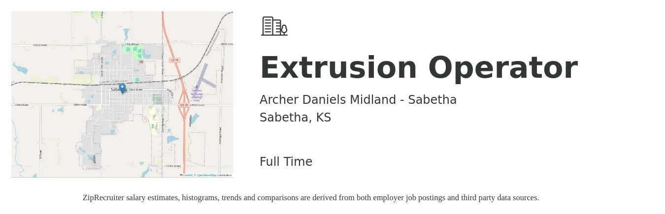 Archer Daniels Midland - Sabetha job posting for a Extrusion Operator in Sabetha, KS with a salary of $16 to $20 Hourly with a map of Sabetha location.