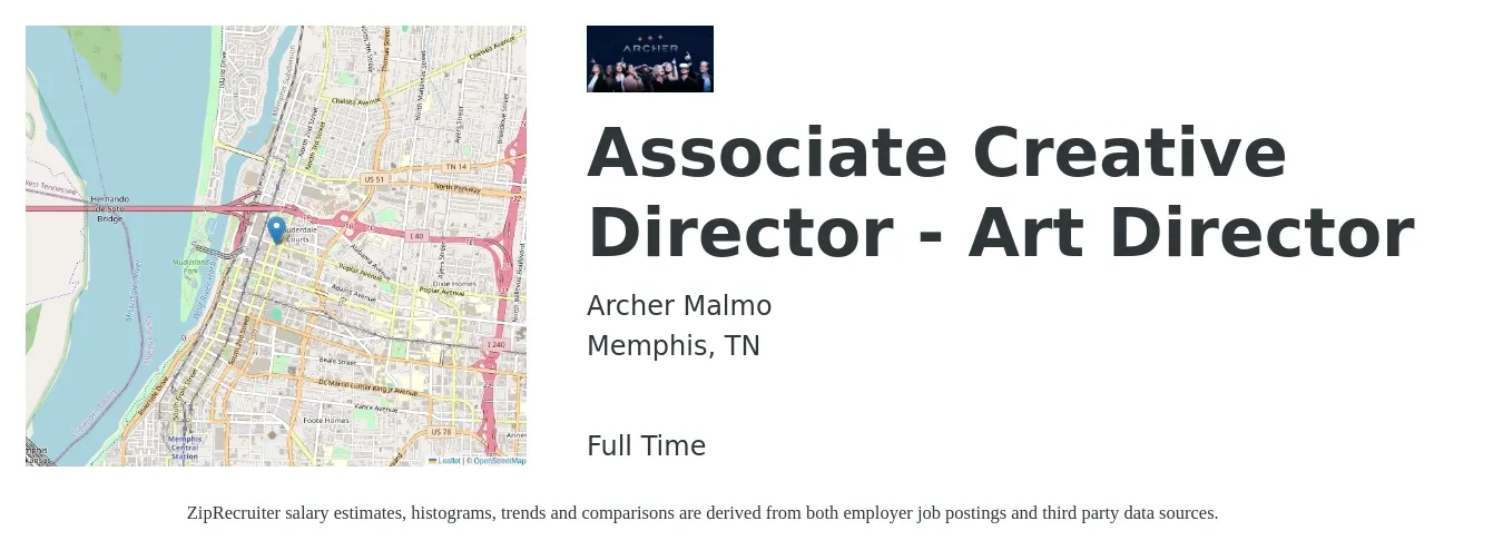 Archer Malmo job posting for a Associate Creative Director - Art Director in Memphis, TN with a salary of $75,400 to $133,800 Yearly with a map of Memphis location.