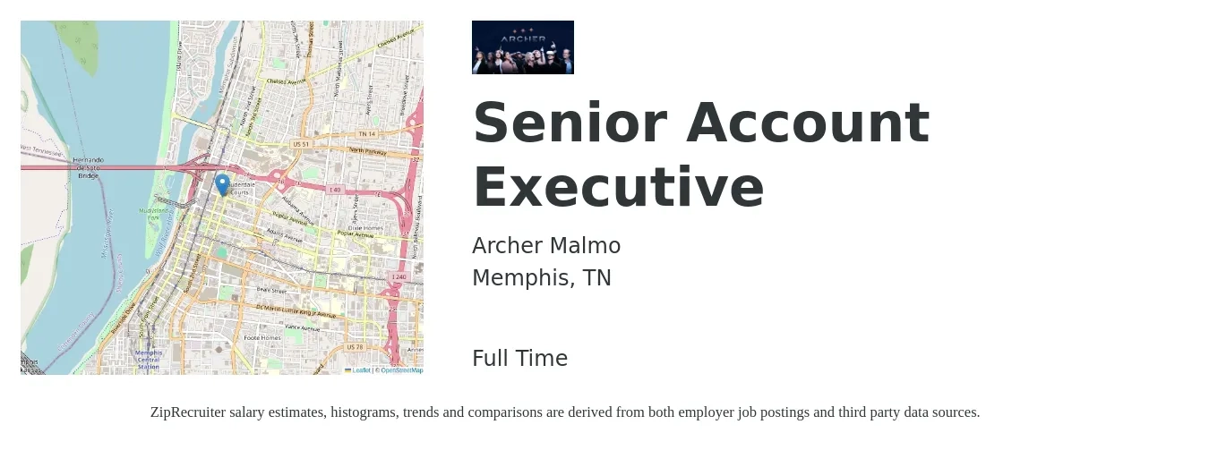 Archer Malmo job posting for a Senior Account Executive in Memphis, TN with a salary of $74,900 to $114,800 Yearly with a map of Memphis location.