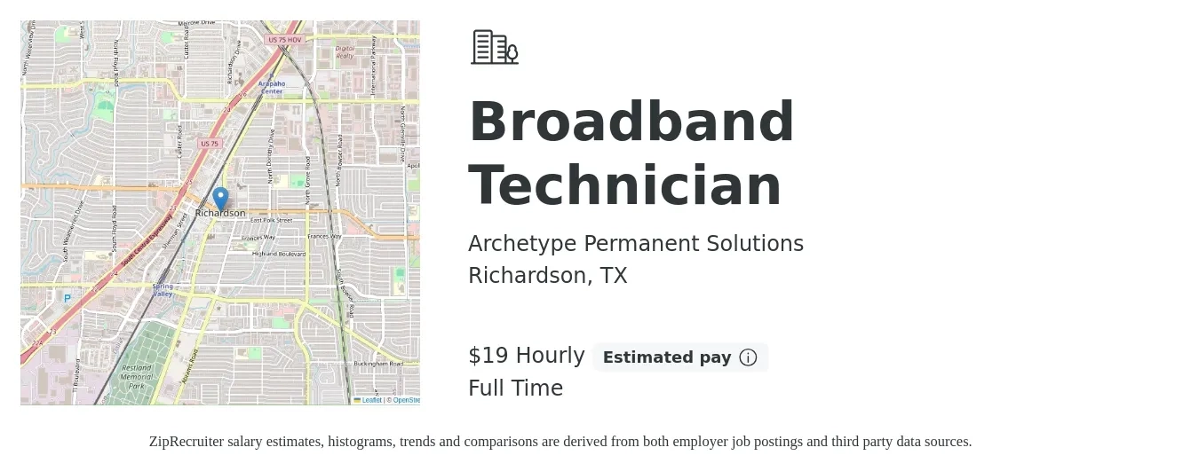 Archetype Permanent Solutions job posting for a Broadband Technician in Richardson, TX with a salary of $20 Hourly with a map of Richardson location.