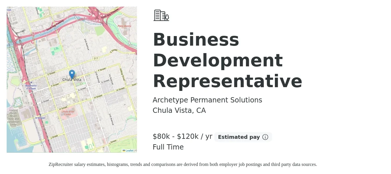 Archetype Permanent Solutions job posting for a Business Development Representative in Chula Vista, CA with a salary of $80,000 to $120,000 Yearly with a map of Chula Vista location.