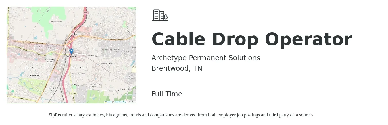 Archetype Permanent Solutions job posting for a Cable Drop Operator in Brentwood, TN with a salary of $20 Daily with a map of Brentwood location.