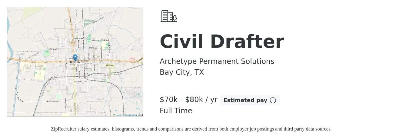 Archetype Permanent Solutions job posting for a Civil Drafter in Bay City, TX with a salary of $67,000 to $85,000 Yearly with a map of Bay City location.