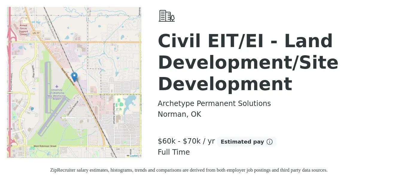 Archetype Permanent Solutions job posting for a Civil EIT/EI - Land Development/Site Development in Norman, OK with a salary of $60,000 to $70,000 Yearly with a map of Norman location.
