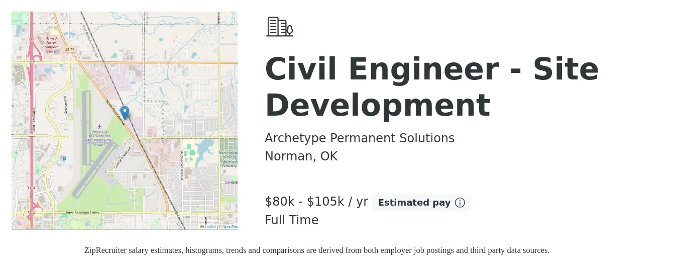 Archetype Permanent Solutions job posting for a Civil Engineer - Site Development in Norman, OK with a salary of $80,000 to $105,000 Yearly with a map of Norman location.