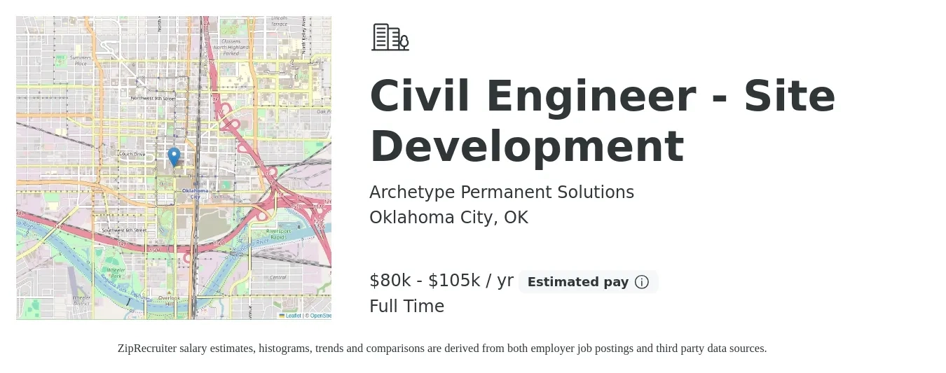 Archetype Permanent Solutions job posting for a Civil Engineer - Site Development in Oklahoma City, OK with a salary of $80,000 to $105,000 Yearly with a map of Oklahoma City location.