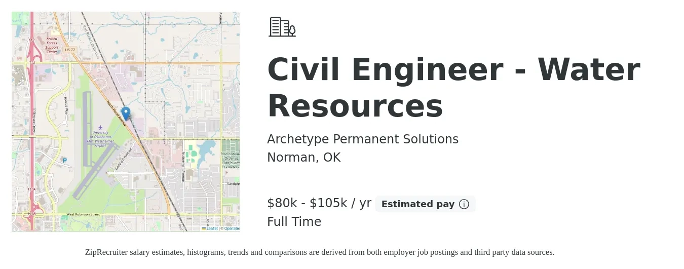 Archetype Permanent Solutions job posting for a Civil Engineer - Water Resources in Norman, OK with a salary of $80,000 to $105,000 Yearly with a map of Norman location.