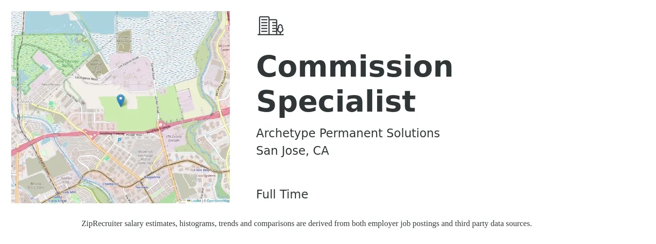 Archetype Permanent Solutions job posting for a Commission Specialist in San Jose, CA with a salary of $53,367 to $64,270 Yearly with a map of San Jose location.