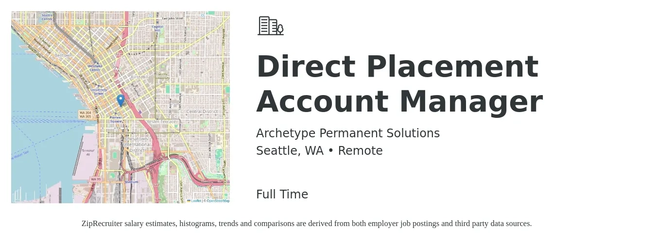 Archetype Permanent Solutions job posting for a Direct Placement Account Manager in Seattle, WA with a salary of $54,600 to $89,300 Yearly with a map of Seattle location.