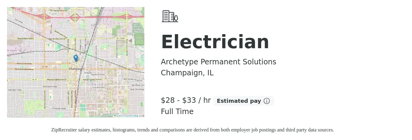 Archetype Permanent Solutions job posting for a Electrician in Champaign, IL with a salary of $30 to $35 Hourly with a map of Champaign location.