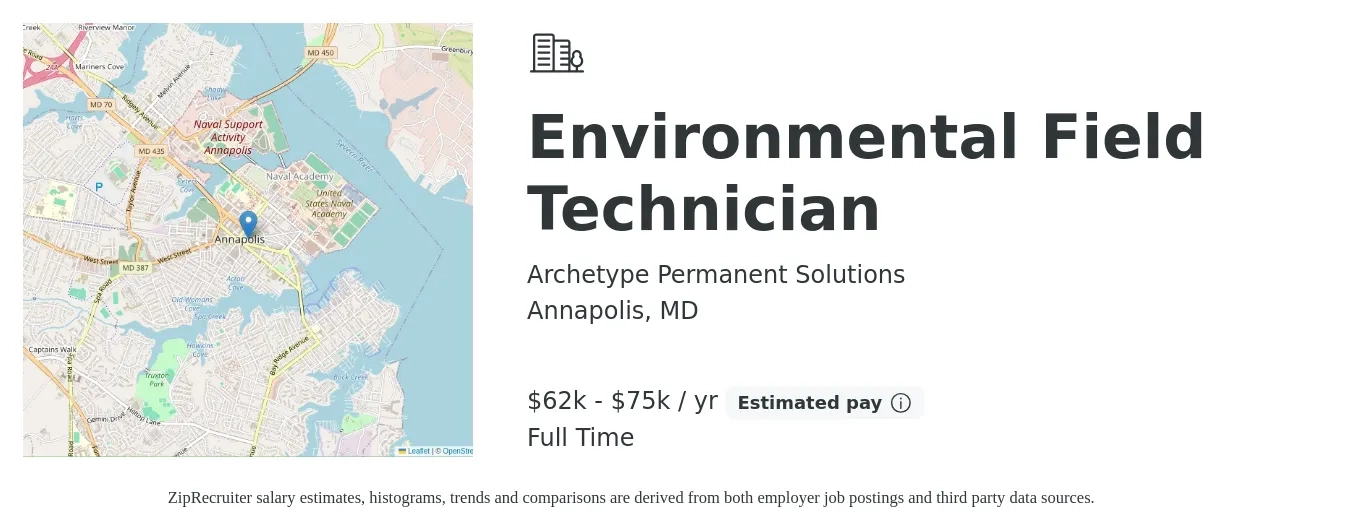 Archetype Permanent Solutions job posting for a Environmental Field Technician in Annapolis, MD with a salary of $62,500 to $75,003 Yearly with a map of Annapolis location.