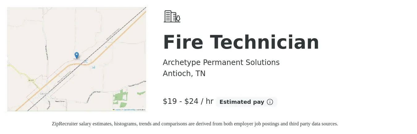 Archetype Permanent Solutions job posting for a Fire Technician in Antioch, TN with a salary of $20 to $25 Hourly with a map of Antioch location.