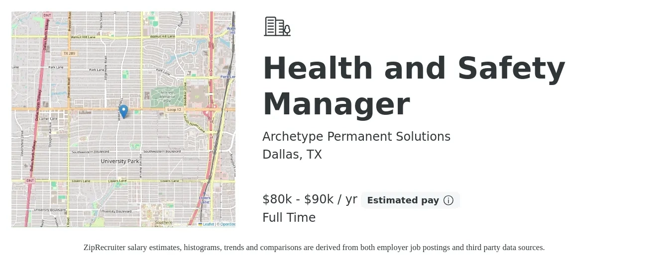 Archetype Permanent Solutions job posting for a Health and Safety Manager in Dallas, TX with a salary of $80,000 to $90,000 Yearly with a map of Dallas location.