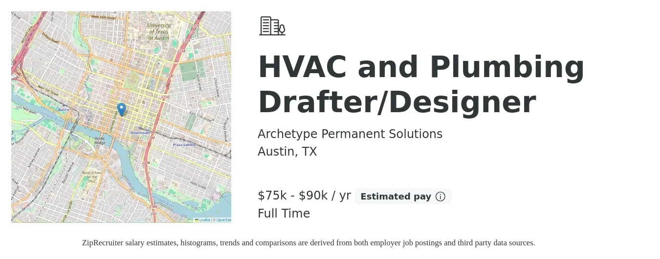 Archetype Permanent Solutions job posting for a HVAC and Plumbing Drafter/Designer in Austin, TX with a salary of $75,000 to $90,000 Yearly with a map of Austin location.