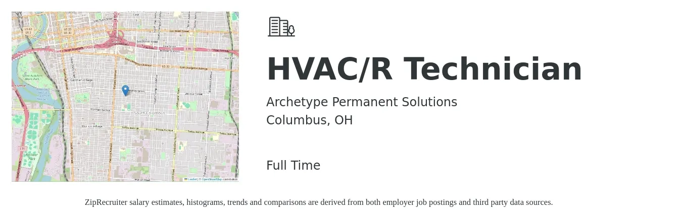 Archetype Permanent Solutions job posting for a HVAC/R Technician in Columbus, OH with a salary of $30 to $40 Hourly with a map of Columbus location.