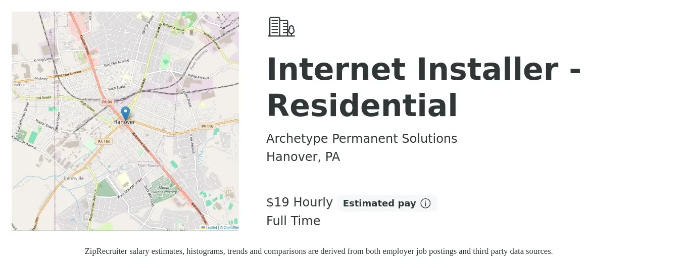 Archetype Permanent Solutions job posting for a Internet Installer - Residential in Hanover, PA with a salary of $20 Hourly with a map of Hanover location.