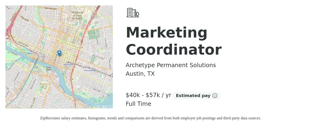 Archetype Permanent Solutions job posting for a Marketing Coordinator in Austin, TX with a salary of $40,000 to $57,000 Yearly with a map of Austin location.