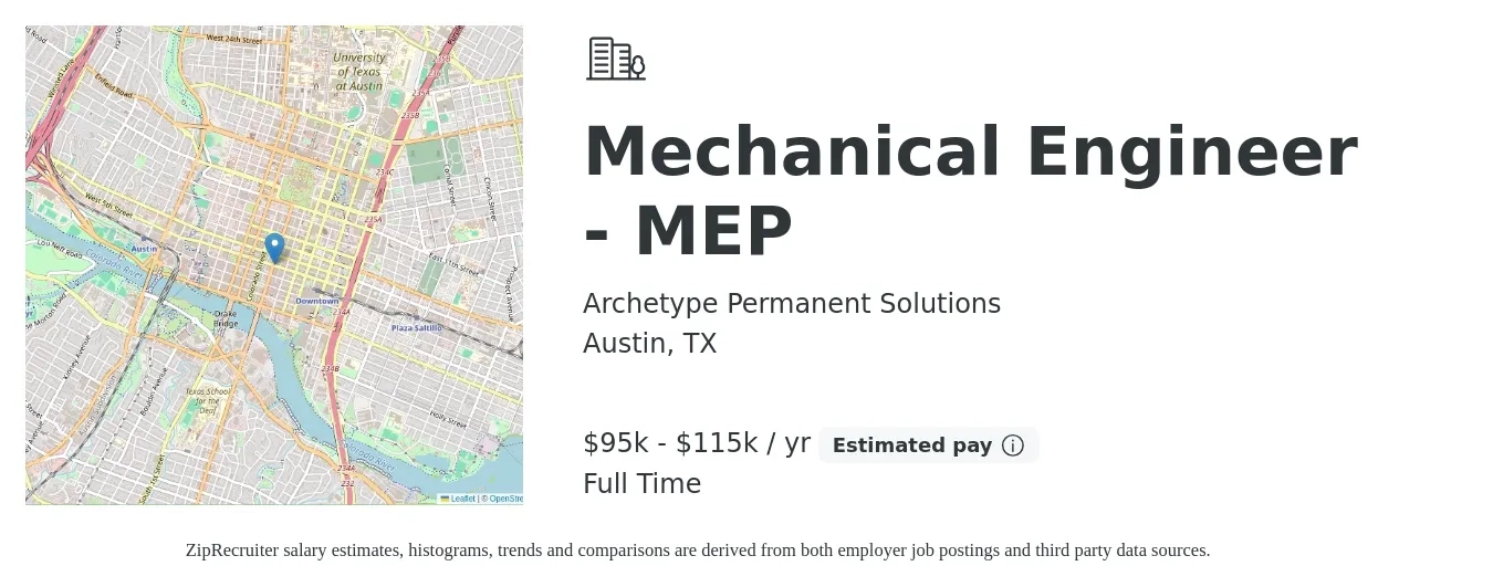 Archetype Permanent Solutions job posting for a Mechanical Engineer - MEP in Austin, TX with a salary of $95,000 to $115,000 Yearly with a map of Austin location.