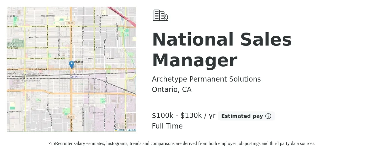 Archetype Permanent Solutions job posting for a National Sales Manager in Ontario, CA with a salary of $100,000 to $130,000 Yearly with a map of Ontario location.