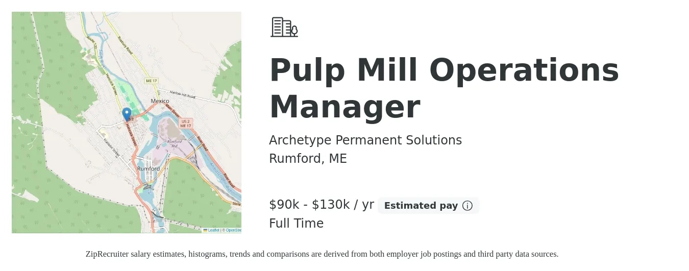 Archetype Permanent Solutions job posting for a Pulp Mill Operations Manager in Rumford, ME with a salary of $90,000 to $130,000 Yearly with a map of Rumford location.