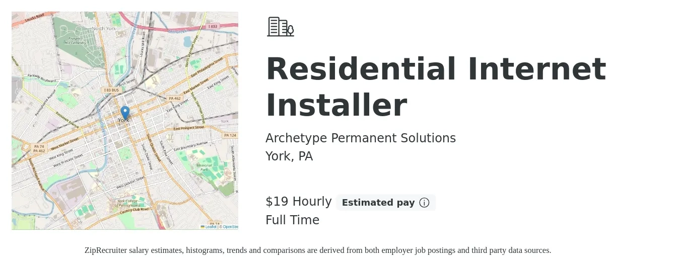 Archetype Permanent Solutions job posting for a Residential Internet Installer in York, PA with a salary of $20 Hourly with a map of York location.