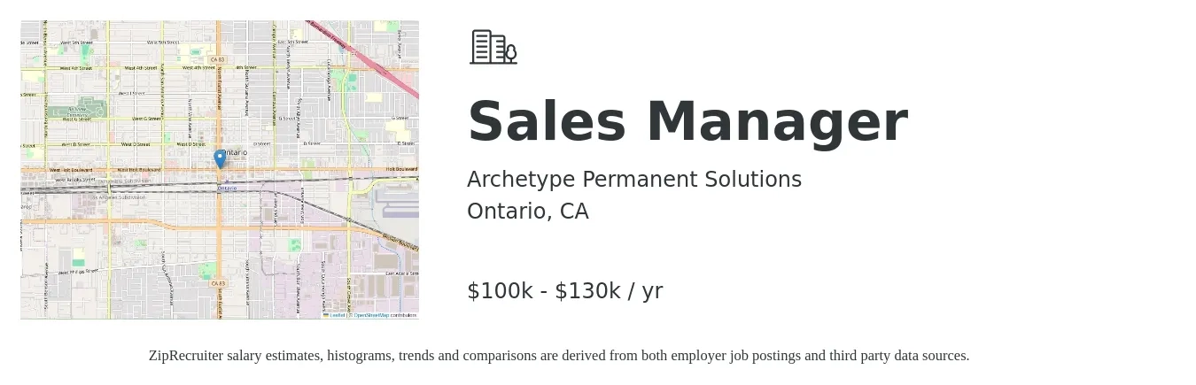 Archetype Permanent Solutions job posting for a Sales Manager in Ontario, CA with a salary of $100,000 to $130,000 Yearly with a map of Ontario location.