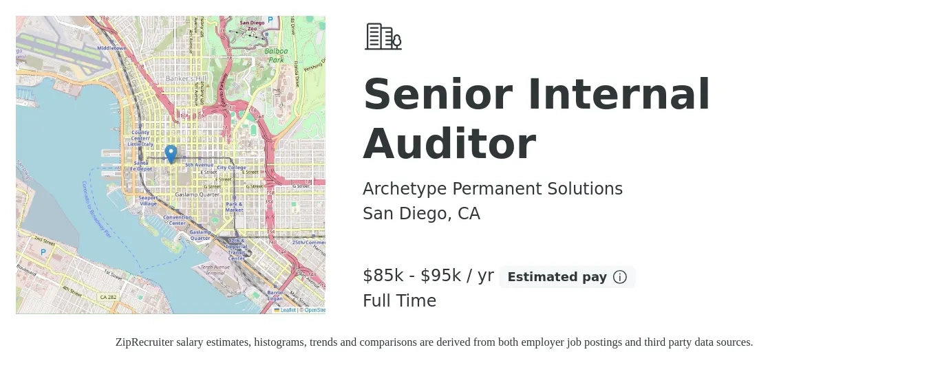 Archetype Permanent Solutions job posting for a Senior Internal Auditor in San Diego, CA with a salary of $85,000 to $95,000 Yearly with a map of San Diego location.