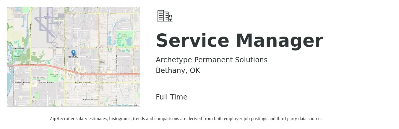 Archetype Permanent Solutions job posting for a Service Manager in Bethany, OK with a salary of $25 to $31 Hourly with a map of Bethany location.