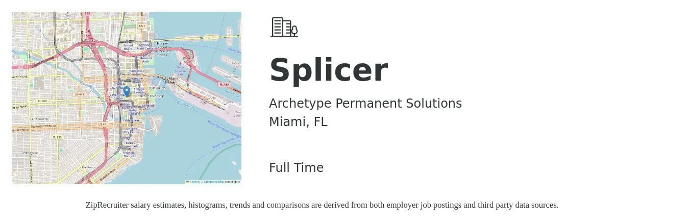 Archetype Permanent Solutions job posting for a Splicer in Miami, FL with a salary of $23 Hourly with a map of Miami location.