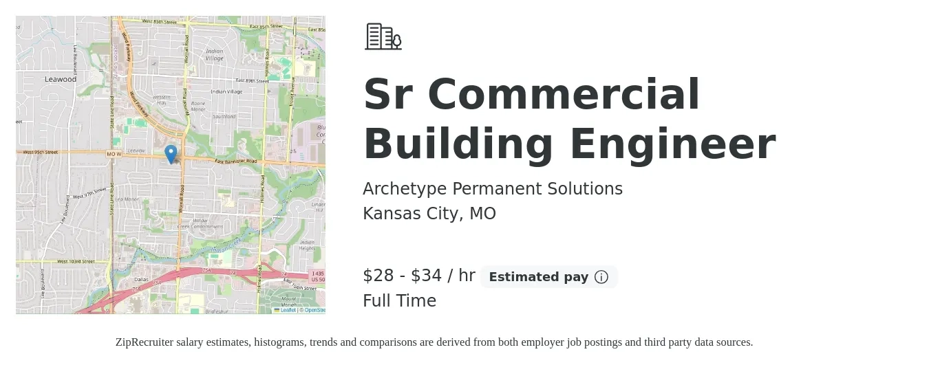 Archetype Permanent Solutions job posting for a Sr Commercial Building Engineer in Kansas City, MO with a salary of $30 to $36 Hourly with a map of Kansas City location.