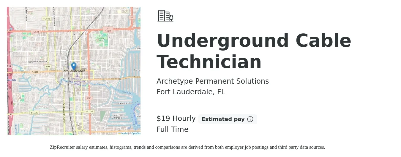 Archetype Permanent Solutions job posting for a Underground Cable Technician in Fort Lauderdale, FL with a salary of $20 Hourly with a map of Fort Lauderdale location.
