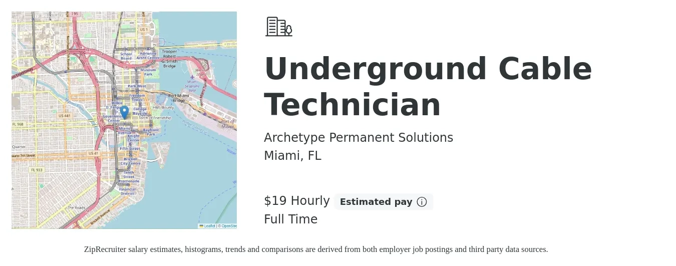 Archetype Permanent Solutions job posting for a Underground Cable Technician in Miami, FL with a salary of $20 Hourly with a map of Miami location.