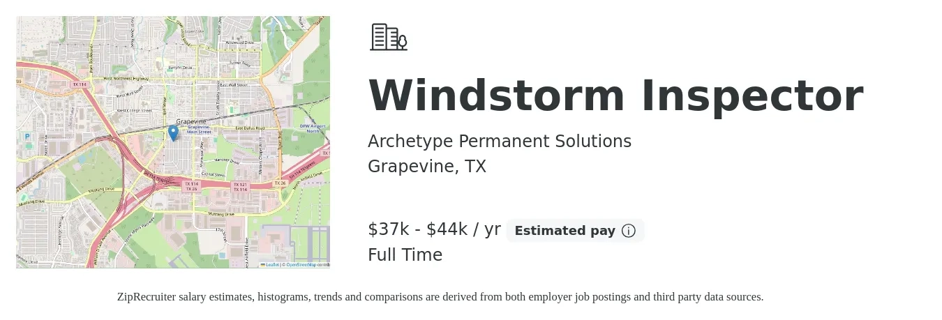 Archetype Permanent Solutions job posting for a Windstorm Inspector in Grapevine, TX with a salary of $37,000 to $44,000 Yearly with a map of Grapevine location.