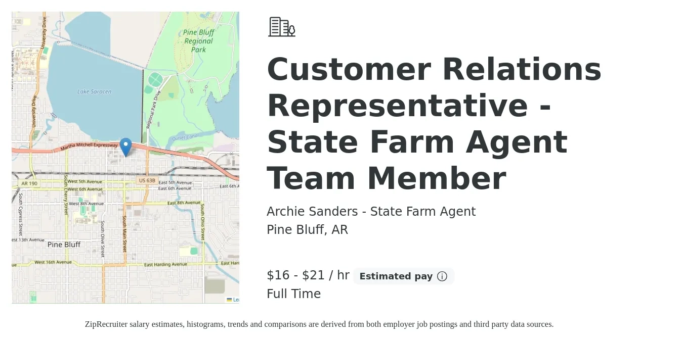 Archie Sanders - State Farm Agent job posting for a Customer Relations Representative - State Farm Agent Team Member in Pine Bluff, AR with a salary of $17 to $22 Hourly with a map of Pine Bluff location.