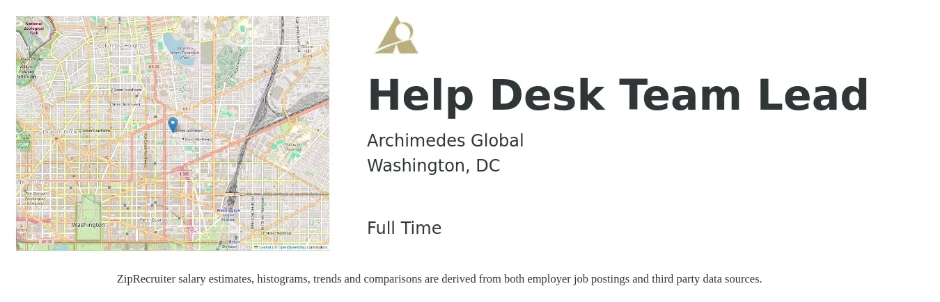 Archimedes Global job posting for a Help Desk Team Lead in Washington, DC with a salary of $46,400 to $88,300 Yearly with a map of Washington location.