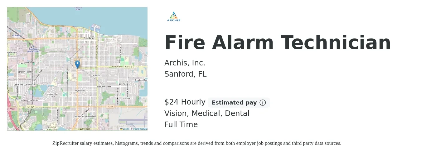 Archis, Inc. job posting for a Fire Alarm Technician in Sanford, FL with a salary of $25 Hourly and benefits including dental, life_insurance, medical, retirement, and vision with a map of Sanford location.