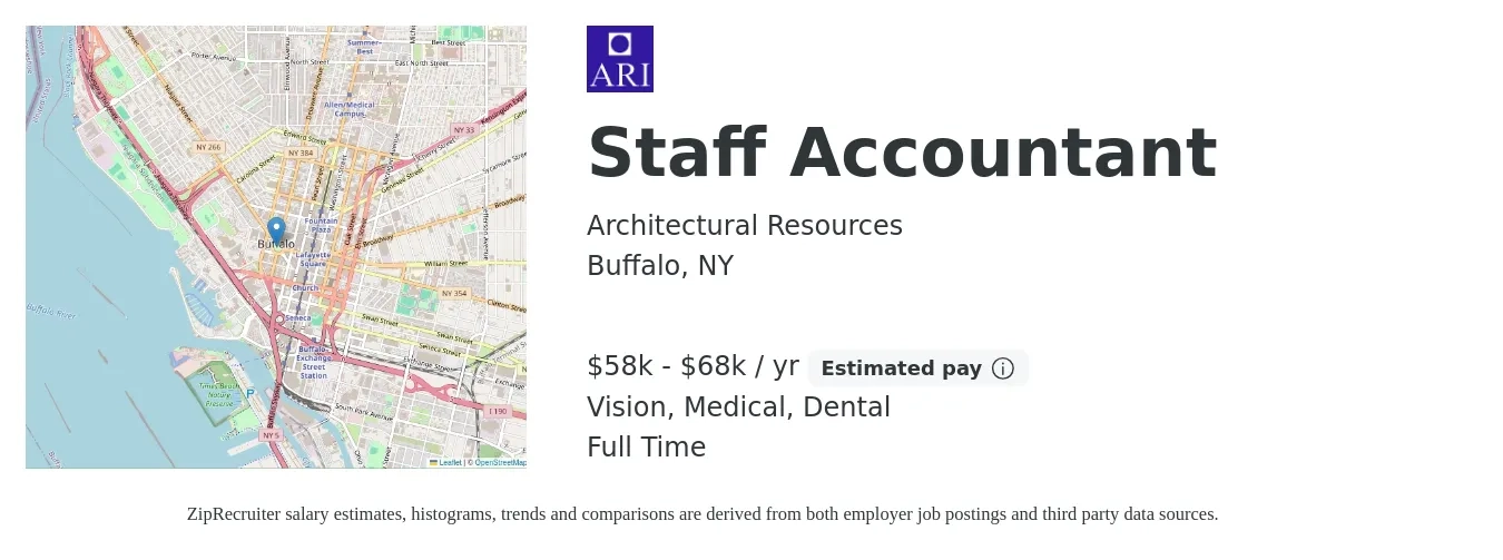 Architectural Resources job posting for a Staff Accountant in Buffalo, NY with a salary of $58,000 to $68,000 Yearly and benefits including vision, dental, life_insurance, medical, pto, and retirement with a map of Buffalo location.